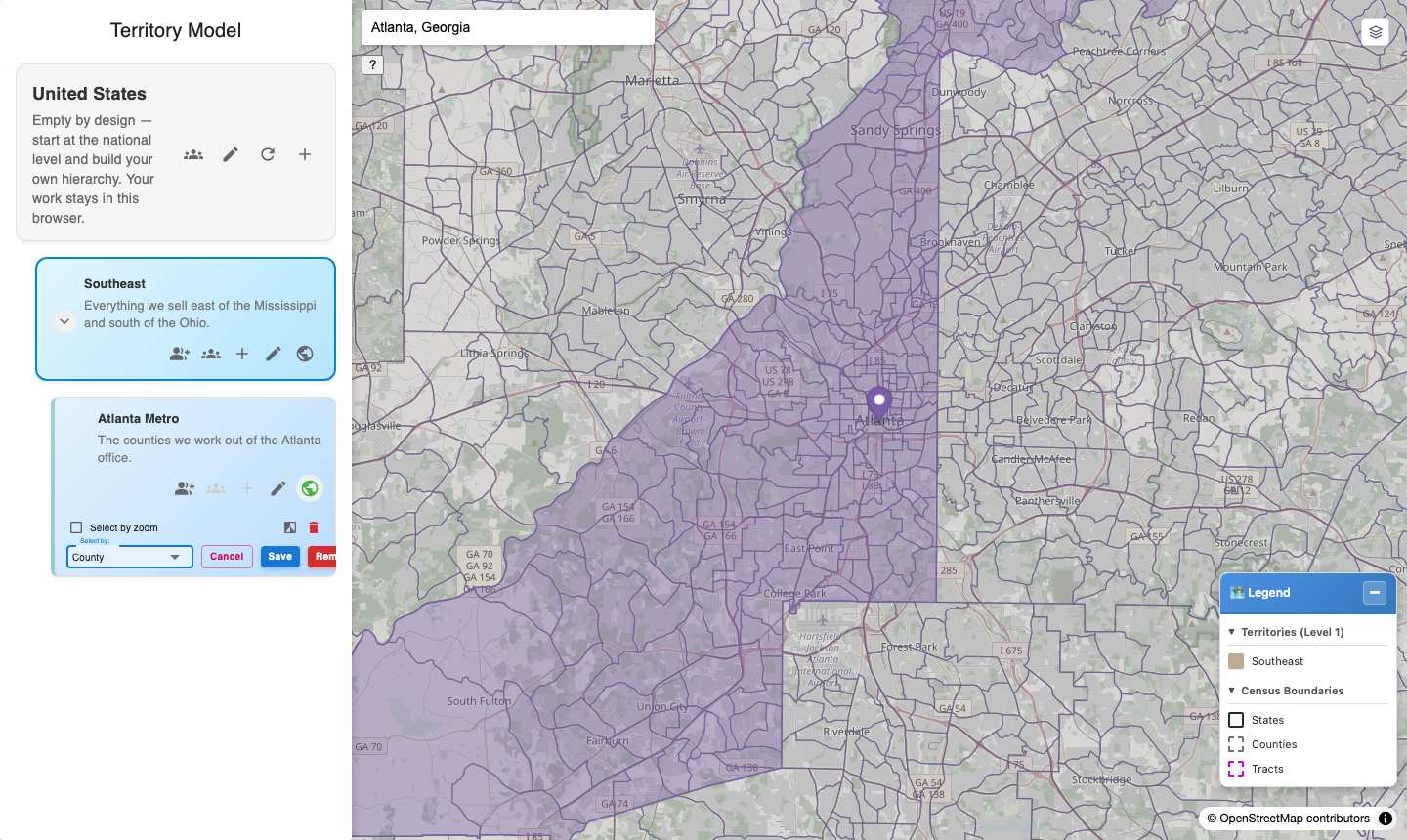 A child territory mapped at county level