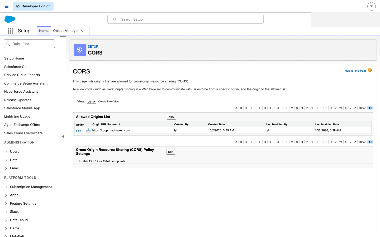 The CORS allowed origins list in Salesforce Setup