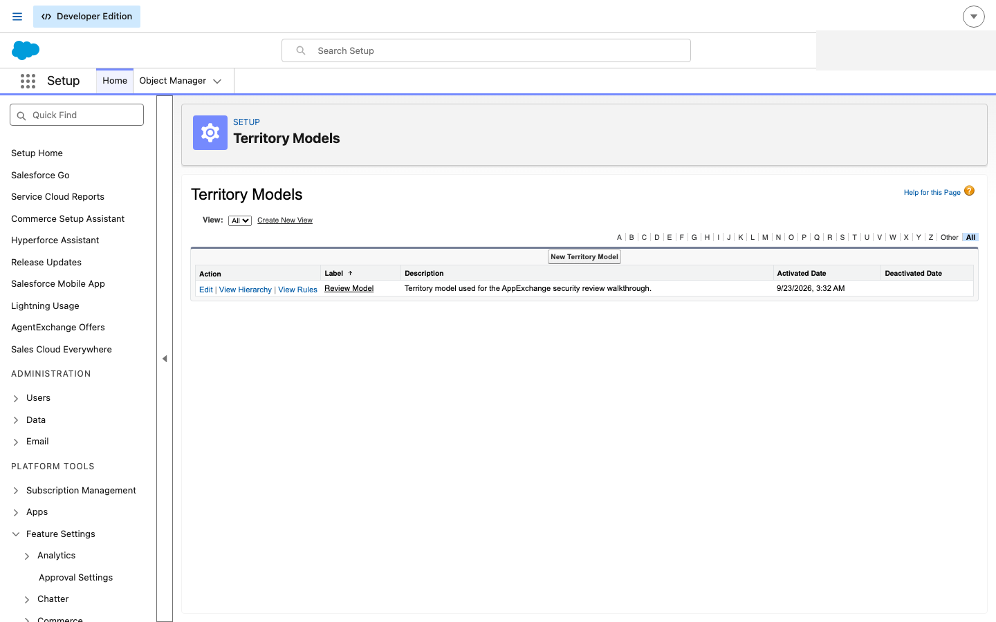 Territory Models in Salesforce Setup