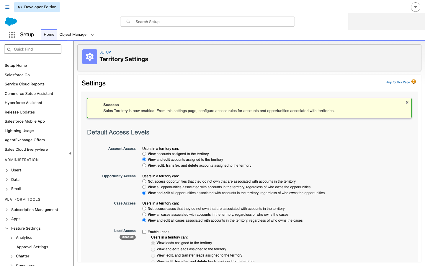 Territory Settings in Salesforce Setup